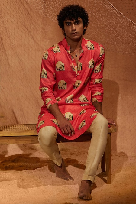 Shop Eleven Brothers Pink Silk, Cotton Printed Kurta And Pant Set at Aza Fashions Shop_Eleven Brothers_Pink Silk, Cotton Printed Kurta And Pant Set _at_Aza_Fashions