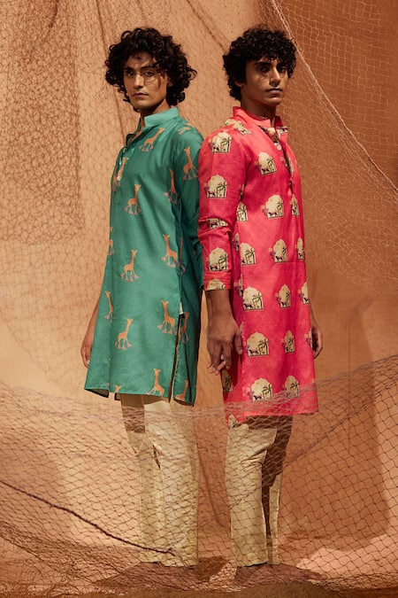 Eleven Brothers Pink Silk, Cotton Printed Kurta And Pant Set Online at Aza Fashions Eleven Brothers_Pink Silk, Cotton Printed Kurta And Pant Set _Online_at_Aza_Fashions