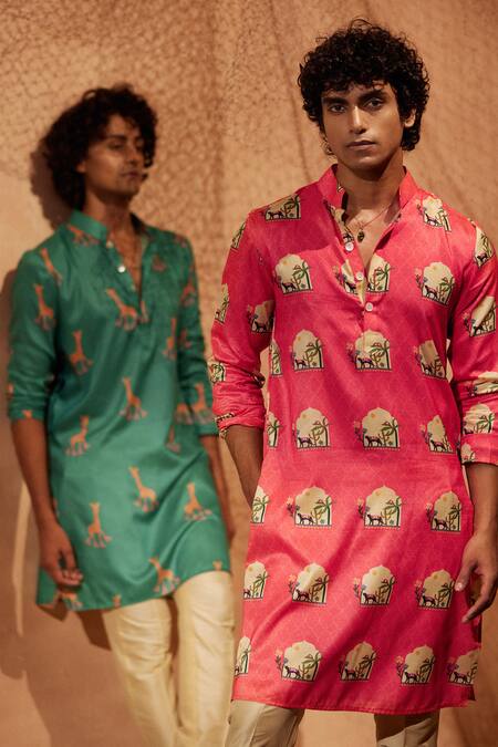 Buy Eleven Brothers Pink Silk, Cotton Printed Kurta And Pant Set Online at Aza Fashions Buy_Eleven Brothers_Pink Silk, Cotton Printed Kurta And Pant Set _Online_at_Aza_Fashions