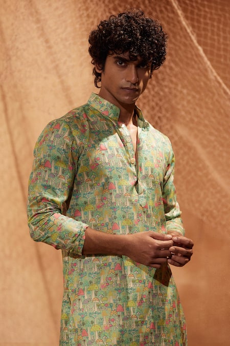 Eleven Brothers_Green Silk, Cotton Mushroom Garden Print Kurta And Pant Set _Online_at_Aza_Fashions