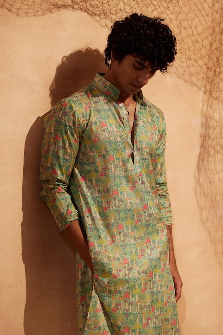 Shop_Eleven Brothers_Green Silk, Cotton Mushroom Garden Print Kurta And Pant Set _Online_at_Aza_Fashions