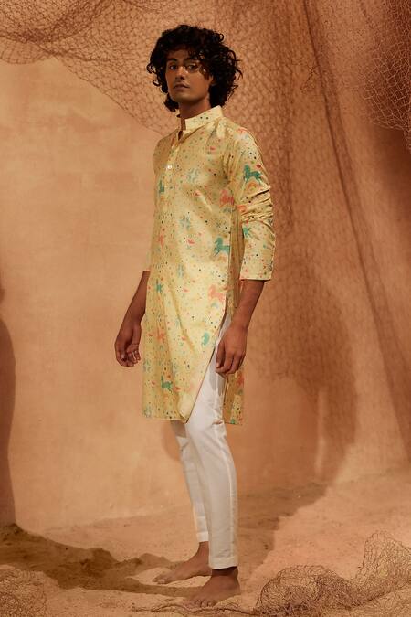 Shop Eleven Brothers Yellow Silk, Cotton Flying Horses Printed Kurta And Pant Set at Aza Fashions Shop_Eleven Brothers_Yellow Silk, Cotton Flying Horses Printed Kurta And Pant Set _at_Aza_Fashions