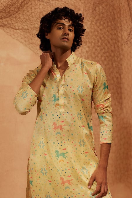 Shop Eleven Brothers Yellow Silk, Cotton Flying Horses Printed Kurta And Pant Set Online at Aza Fashions Shop_Eleven Brothers_Yellow Silk, Cotton Flying Horses Printed Kurta And Pant Set _Online_at_Aza_Fashions