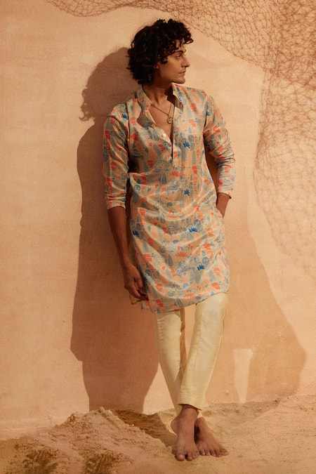 Shop Eleven Brothers Blue Silk, , Satin Embroidery Waterland Printed Kurta And Pant Set at Aza Fashions Shop_Eleven Brothers_Blue Silk, , Satin Embroidery Waterland Printed Kurta And Pant Set _at_Aza_Fashions