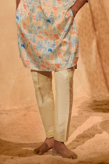 Shop Eleven Brothers Blue Silk, , Satin Embroidery Waterland Printed Kurta And Pant Set Online at Aza Fashions Shop_Eleven Brothers_Blue Silk, , Satin Embroidery Waterland Printed Kurta And Pant Set _Online_at_Aza_Fashions