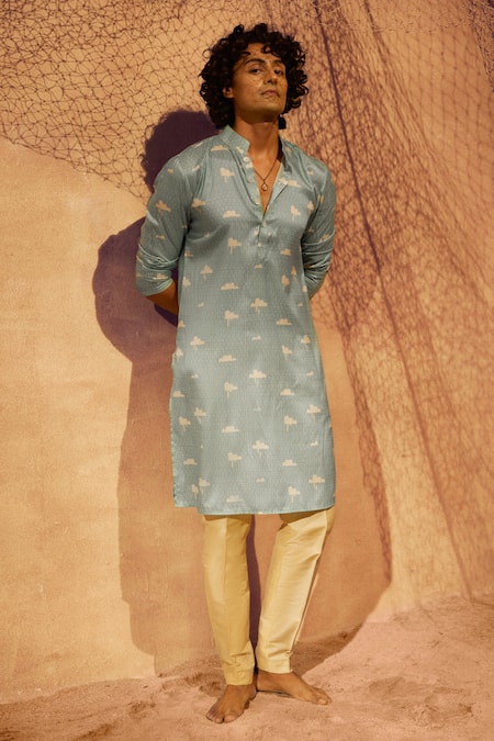 Shop Eleven Brothers Blue Silk, Cotton In The Clouds Printed Kurta And Pant Set at Aza Fashions Shop_Eleven Brothers_Blue Silk, Cotton In The Clouds Printed Kurta And Pant Set _at_Aza_Fashions