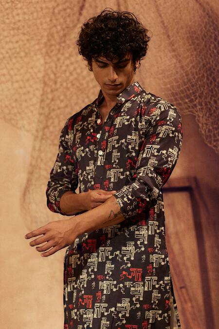 Eleven Brothers_Black Silk, Cotton Night Printed Kurta And Pant Set _Online_at_Aza_Fashions
