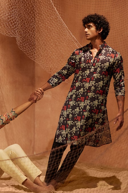 Shop_Eleven Brothers_Black Silk, Cotton Night Printed Kurta And Pant Set _at_Aza_Fashions