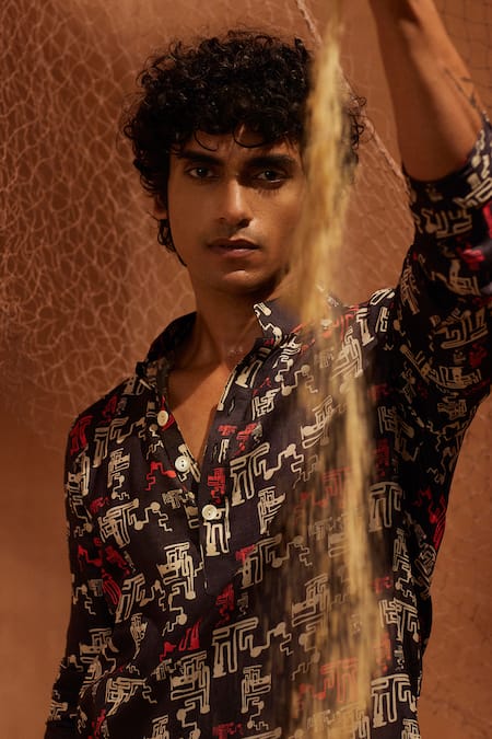 Shop_Eleven Brothers_Black Silk, Cotton Night Printed Kurta And Pant Set _Online_at_Aza_Fashions