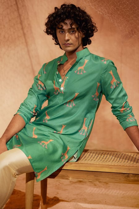 Shop Eleven Brothers Green Silk, Cotton Rolling Giraffe Printed Kurta And Pant Set at Aza Fashions Shop_Eleven Brothers_Green Silk, Cotton Rolling Giraffe Printed Kurta And Pant Set _at_Aza_Fashions