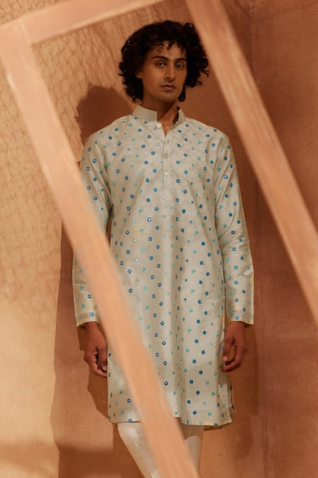 Shop Eleven Brothers Beige Silk, , Satin Embroidery Aaina Mirror Work Kurta And Pant Set at Aza Fashions Shop_Eleven Brothers_Beige Silk, , Satin Embroidery Aaina Mirror Work Kurta And Pant Set _at_Aza_Fashions