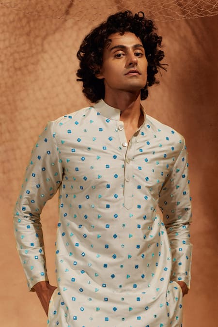 Eleven Brothers Beige Silk, , Satin Embroidery Aaina Mirror Work Kurta And Pant Set Online at Aza Fashions Eleven Brothers_Beige Silk, , Satin Embroidery Aaina Mirror Work Kurta And Pant Set _Online_at_Aza_Fashions