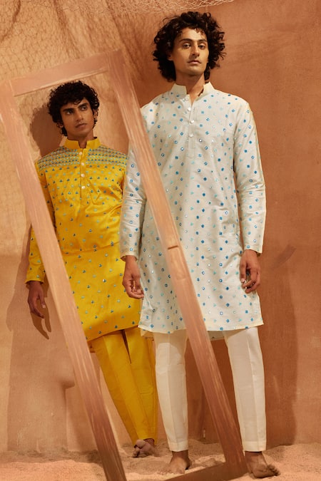 Buy Eleven Brothers Beige Silk, , Satin Embroidery Aaina Mirror Work Kurta And Pant Set Online at Aza Fashions Buy_Eleven Brothers_Beige Silk, , Satin Embroidery Aaina Mirror Work Kurta And Pant Set _Online_at_Aza_Fashions