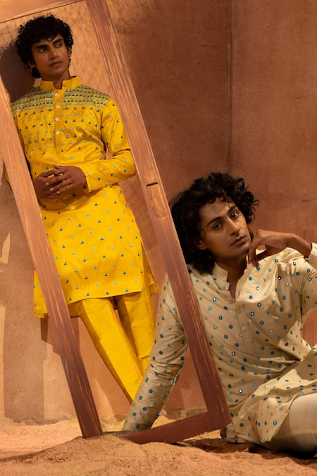 Buy Eleven Brothers Yellow Silk, Cotton Embroidery Trikona Mirror Kurta And Pant Set Online at Aza Fashions Buy_Eleven Brothers_Yellow Silk, Cotton Embroidery Trikona Mirror Kurta And Pant Set _Online_at_Aza_Fashions