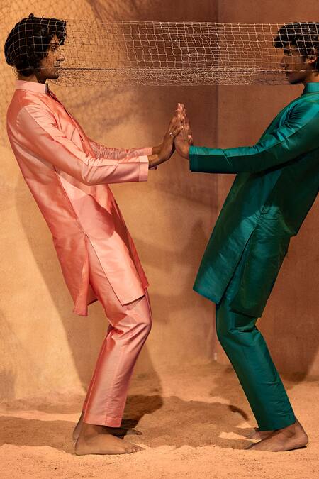 Eleven Brothers_Pink Silk, Cotton Tagai Solid Kurta Set _Online_at_Aza_Fashions