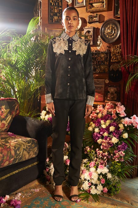 Shreeka Black Georgette, Satin Embroidery Collared Floral Shirt And Pant Set