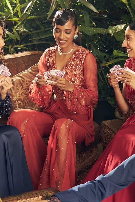 Shreeka Orange Crepe, Viscose, Silk Organza Applique Embroidered Top And Sharara Set at Aza Fashions Shreeka_Orange Crepe, Viscose, Silk Organza Applique Embroidered Top And Sharara Set _at_Aza_Fashions