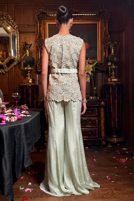 Shop_Shreeka_Green Satin, Organza Pearls, Sequins, Zari, Mint Floral Jacket Pant Set _at_Aza_Fashions