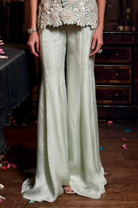 Shreeka_Green Satin, Organza Pearls, Sequins, Zari, Mint Floral Jacket Pant Set _Online_at_Aza_Fashions