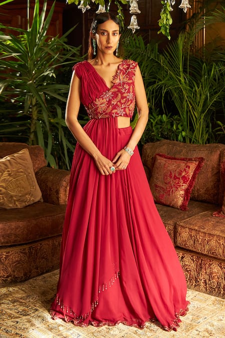 Shreeka Embroidered Draped Blouse & Skirt Set 