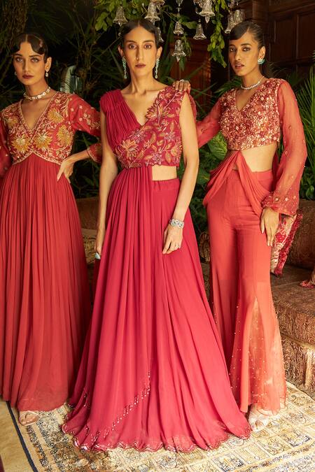 Shreeka_Red Viscose, Georgette Sequins, Beads Embroidered Draped Blouse And Skirt Set _Online_at_Aza_Fashions