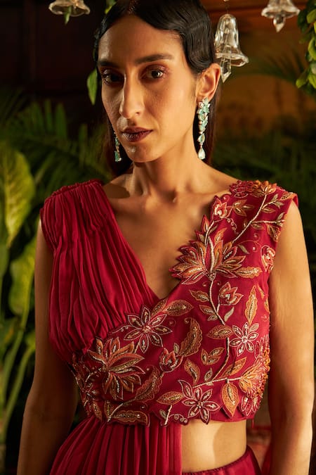 Shop_Shreeka_Red Viscose, Georgette Sequins, Beads Embroidered Draped Blouse And Skirt Set _Online_at_Aza_Fashions