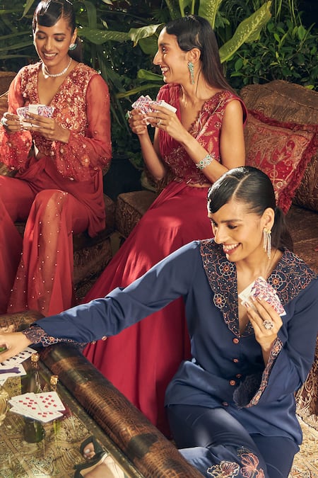 Shreeka_Red Viscose, Georgette Sequins, Beads Embroidered Draped Blouse And Skirt Set _at_Aza_Fashions