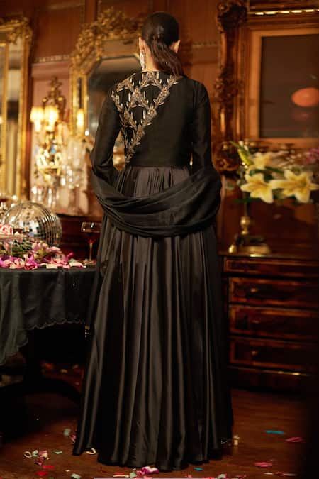 Shop Shreeka Black Chanderi, Satin, Organza Zari, Placement Zardozi Embroidered Anarkali Set at Aza Fashions Shop_Shreeka_Black Chanderi, Satin, Organza Zari, Placement Zardozi Embroidered Anarkali Set _at_Aza_Fashions