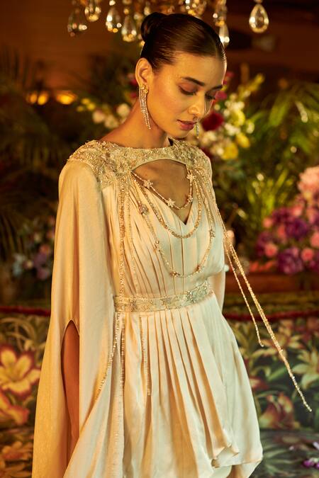Shreeka_Beige , Silk Tassels, Embroidery Keyhole Neck Zari Panelled Dress _Online_at_Aza_Fashions