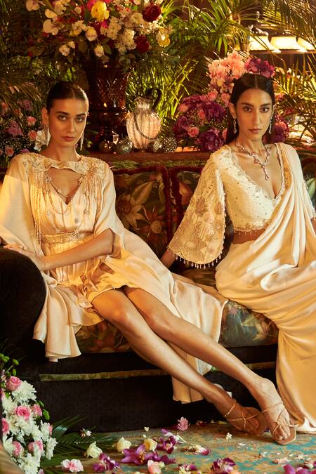 Buy_Shreeka_Beige , Silk Tassels, Embroidery Keyhole Neck Zari Panelled Dress _Online_at_Aza_Fashions