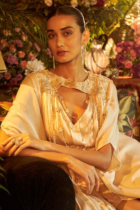 Shop_Shreeka_Beige , Silk Tassels, Embroidery Keyhole Neck Zari Panelled Dress _Online_at_Aza_Fashions