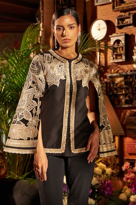 Shreeka_Black Chanderi, Silk Sequins, Pearls Applique Embroidered Jacket And Pant Set _Online_at_Aza_Fashions