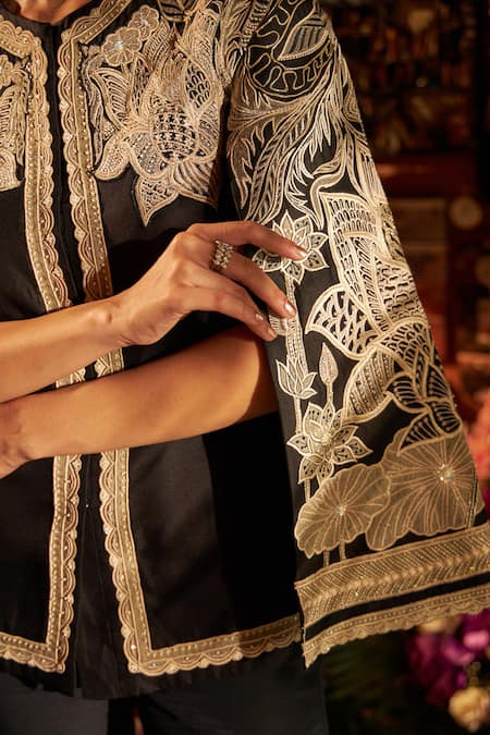 Buy_Shreeka_Black Chanderi, Silk Sequins, Pearls Applique Embroidered Jacket And Pant Set _Online_at_Aza_Fashions