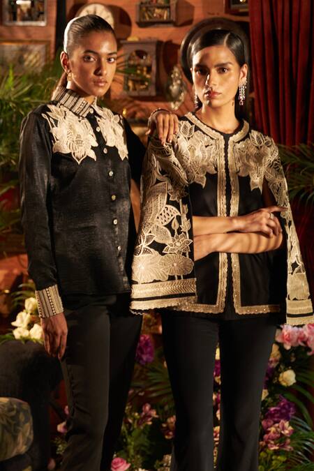 Shop_Shreeka_Black Chanderi, Silk Sequins, Pearls Applique Embroidered Jacket And Pant Set _Online_at_Aza_Fashions