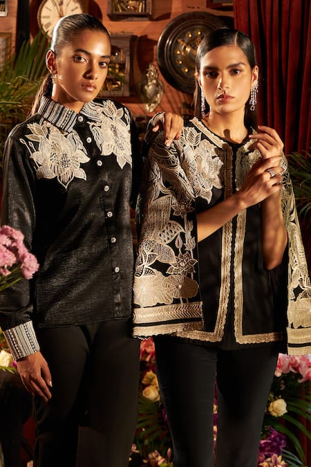 Shreeka_Black Chanderi, Silk Sequins, Pearls Applique Embroidered Jacket And Pant Set _at_Aza_Fashions
