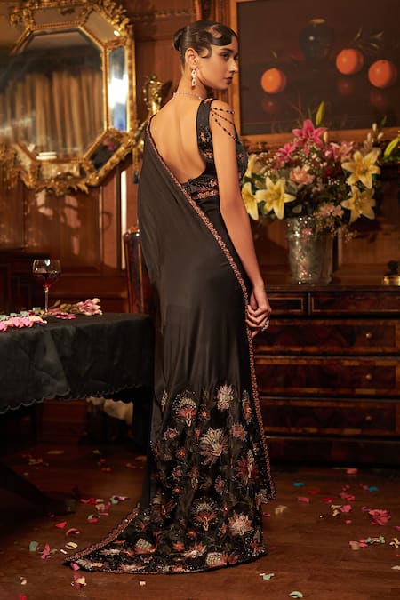 Shop Shreeka Black Silk Satin, Viscose Embroidery, Sequins, Pearls Dabka Saree And Blouse Set at Aza Fashions Shop_Shreeka_Black Silk Satin, Viscose Embroidery, Sequins, Pearls Dabka Saree And Blouse Set _at_Aza_Fashions