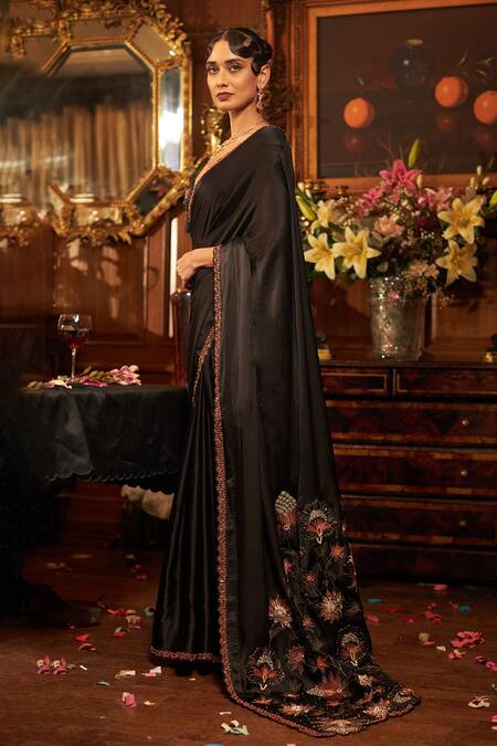 Shreeka Black Silk Satin, Viscose Embroidery, Sequins, Pearls Dabka Saree And Blouse Set Online at Aza Fashions Shreeka_Black Silk Satin, Viscose Embroidery, Sequins, Pearls Dabka Saree And Blouse Set _Online_at_Aza_Fashions
