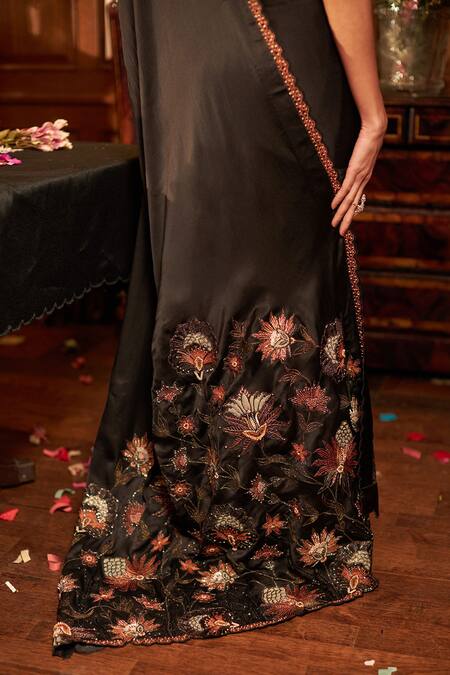 Buy Shreeka Black Silk Satin, Viscose Embroidery, Sequins, Pearls Dabka Saree And Blouse Set Online at Aza Fashions Buy_Shreeka_Black Silk Satin, Viscose Embroidery, Sequins, Pearls Dabka Saree And Blouse Set _Online_at_Aza_Fashions
