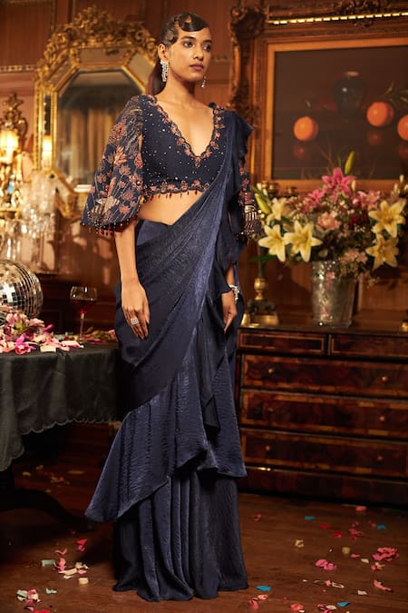 Shreeka_Blue Georgette, Satin, Silk Sequins, Embroidered Blouse With Pre-draped Saree _Online_at_Aza_Fashions