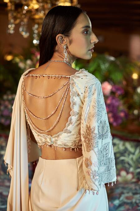 Shreeka Ivory Georgette, Silk, Crepe Sequins, Embroidered Blouse And Pre-draped Saree Set Online at Aza Fashions Shreeka_Ivory Georgette, Silk, Crepe Sequins, Embroidered Blouse And Pre-draped Saree Set _Online_at_Aza_Fashions