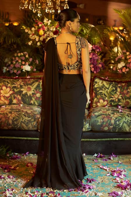 Shreeka Black Georgette, Silk Embroidery, Pearls, Crystals Blouse And Pre-draped Saree Set Online at Aza Fashions Shreeka_Black Georgette, Silk Embroidery, Pearls, Crystals Blouse And Pre-draped Saree Set _Online_at_Aza_Fashions