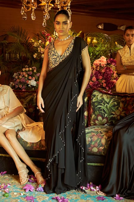 Buy Shreeka Black Georgette, Silk Embroidery, Pearls, Crystals Blouse And Pre-draped Saree Set Online at Aza Fashions Buy_Shreeka_Black Georgette, Silk Embroidery, Pearls, Crystals Blouse And Pre-draped Saree Set _Online_at_Aza_Fashions