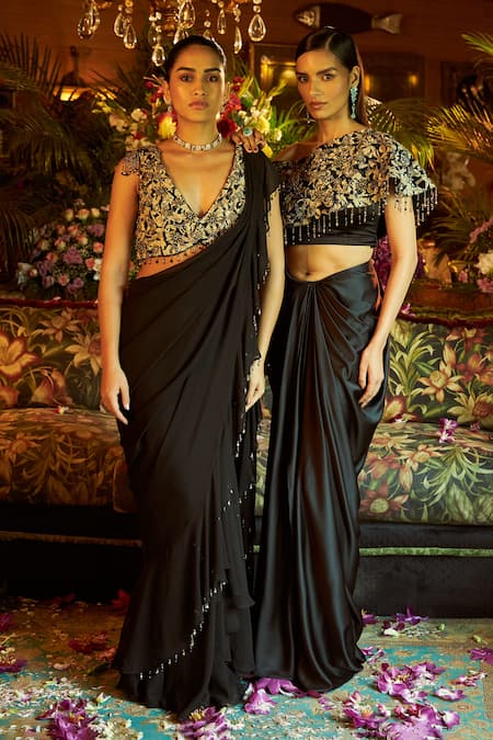 Shop Shreeka Black Georgette, Silk Embroidery, Pearls, Crystals Blouse And Pre-draped Saree Set Online at Aza Fashions Shop_Shreeka_Black Georgette, Silk Embroidery, Pearls, Crystals Blouse And Pre-draped Saree Set _Online_at_Aza_Fashions