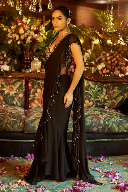 Buy Shreeka Black Georgette, Silk Embroidery, Pearls, Crystals Blouse And Pre-draped Saree Set Buy_Shreeka_Black Georgette, Silk Embroidery, Pearls, Crystals Blouse And Pre-draped Saree Set