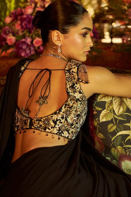 Shop Shreeka Black Georgette, Silk Embroidery, Pearls, Crystals Blouse And Pre-draped Saree Set Shop_Shreeka_Black Georgette, Silk Embroidery, Pearls, Crystals Blouse And Pre-draped Saree Set