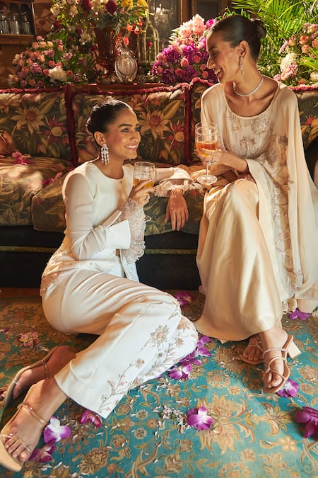 Shop Shreeka Ivory Georgette, Silk Sequins, Zari, Pearls Embroidered Peplum Top And Pant Set Shop_Shreeka_Ivory Georgette, Silk Sequins, Zari, Pearls Embroidered Peplum Top And Pant Set