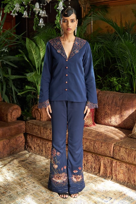 Shop Shreeka Blue Twill Sequins, Embroidery Collar Blazer And Pant Set at Aza Fashions Shop_Shreeka_Blue Twill Sequins, Embroidery Collar Blazer And Pant Set _at_Aza_Fashions