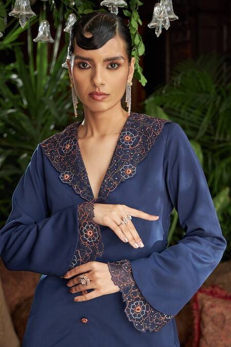 Shreeka Blue Twill Sequins, Embroidery Collar Blazer And Pant Set Online at Aza Fashions Shreeka_Blue Twill Sequins, Embroidery Collar Blazer And Pant Set _Online_at_Aza_Fashions