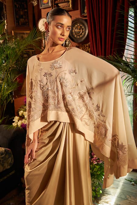 Shreeka Beige Viscose, Satin Sequins, Beads, Zari Floral Embroidered Cape Skirt Set Online at Aza Fashions Shreeka_Beige Viscose, Satin Sequins, Beads, Zari Floral Embroidered Cape Skirt Set _Online_at_Aza_Fashions