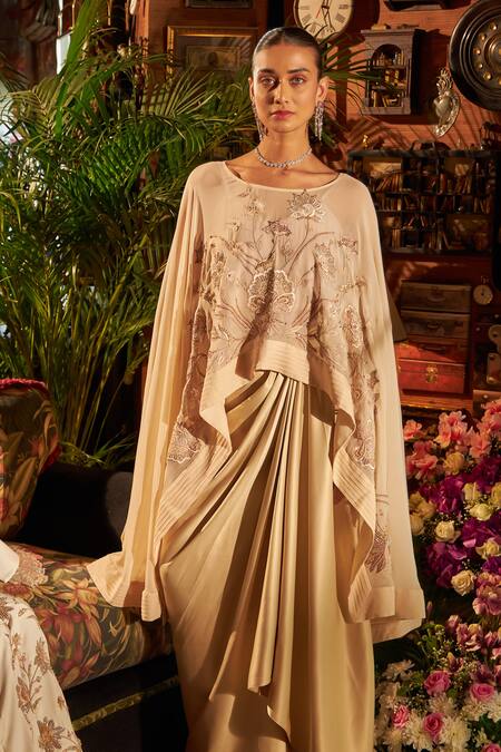 Buy Shreeka Beige Viscose, Satin Sequins, Beads, Zari Floral Embroidered Cape Skirt Set Online at Aza Fashions Buy_Shreeka_Beige Viscose, Satin Sequins, Beads, Zari Floral Embroidered Cape Skirt Set _Online_at_Aza_Fashions